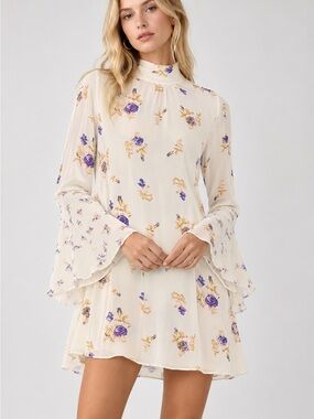 Free People Floral Mock Neck Tunic Dress Bell Sleeve Boho Mini Cream Size XS